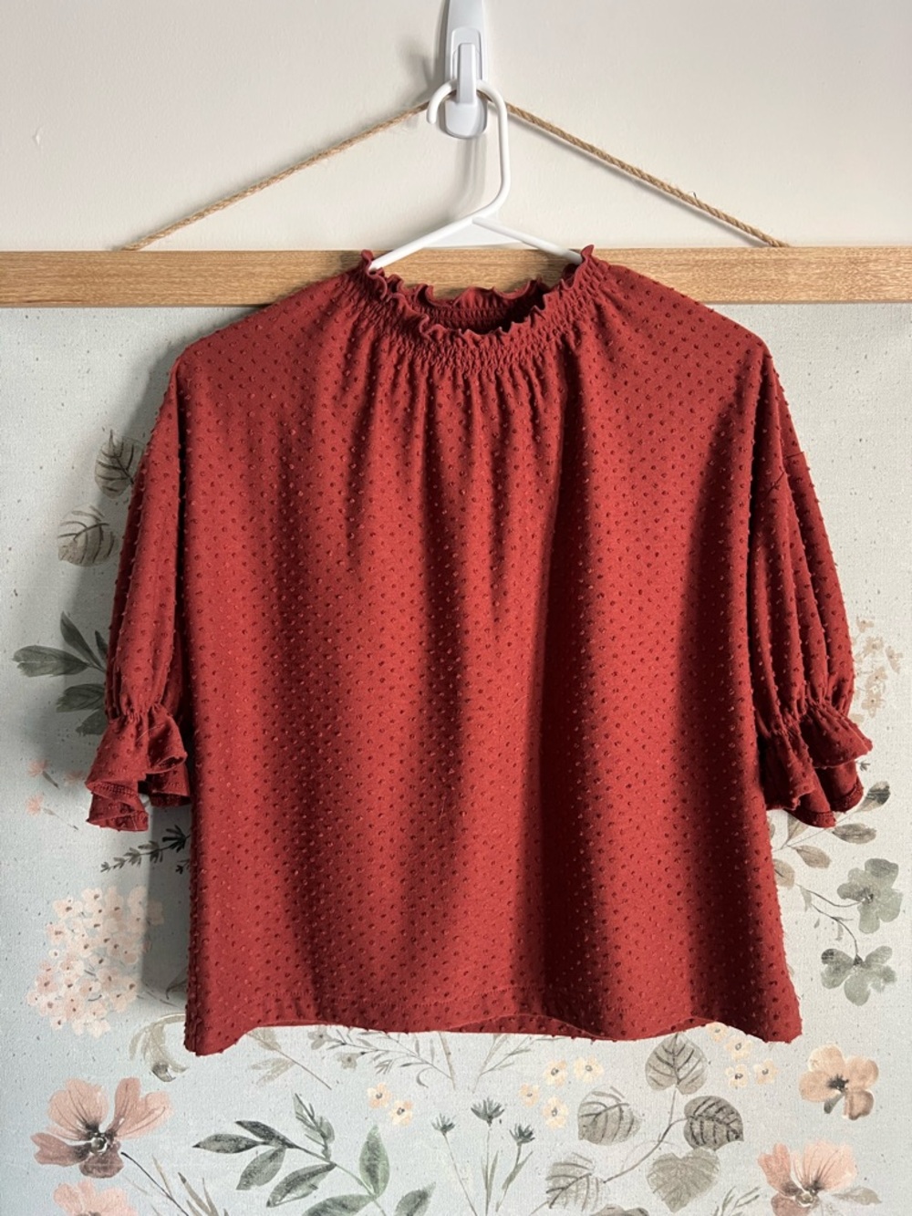 Madewell Rust Textured Swiss Dot Smocked-Neck Blouse